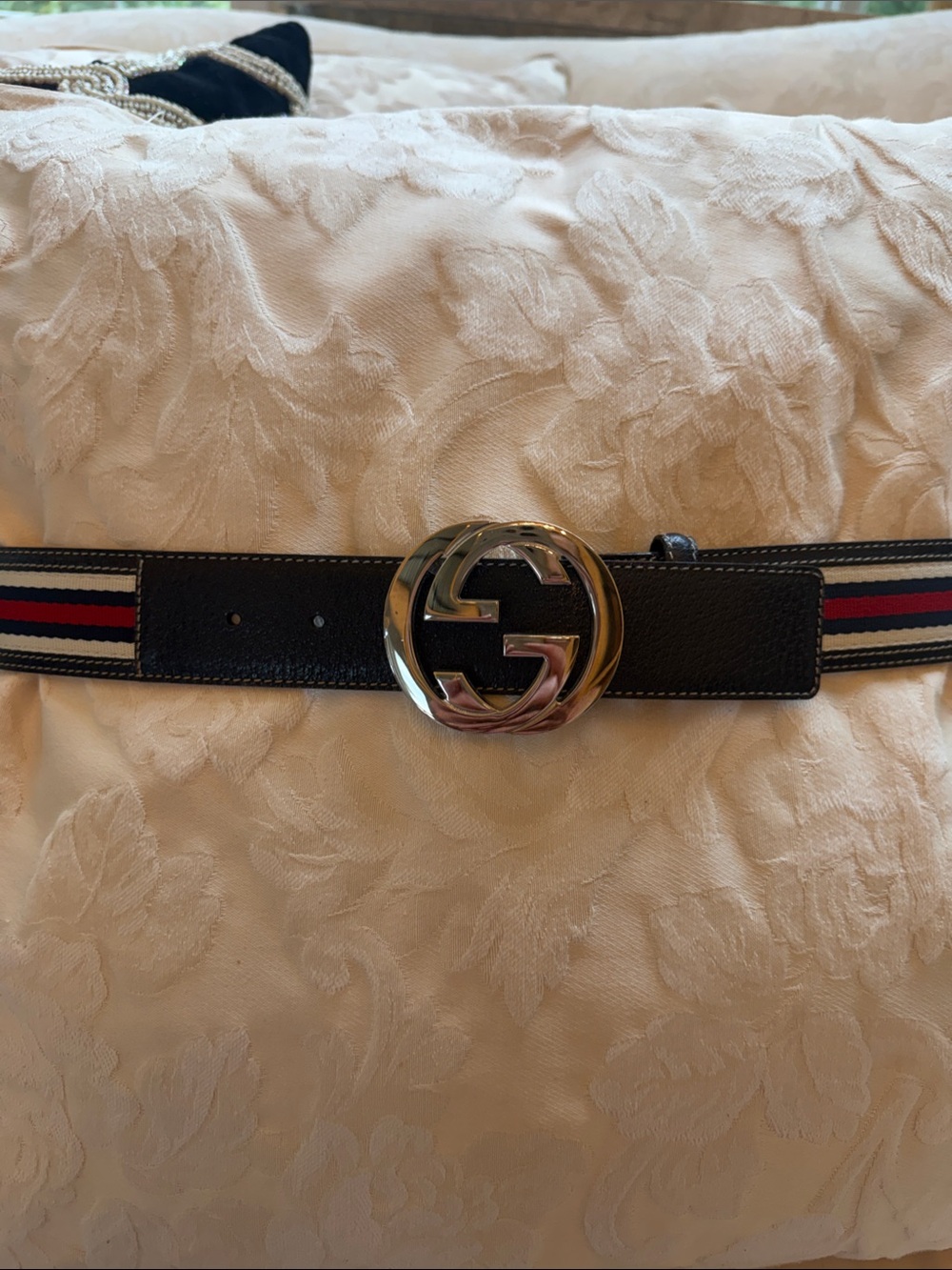 Gucci Leather Belt with Red, White, & Navy Web Stripe and Silver Double G Buckle
